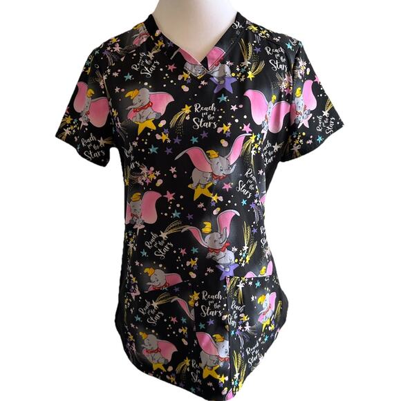 Dumbo Disney Scrubs V Neck Top TF780 DUHF size XS Black Elephant Animal Print - Picture 1 of 8